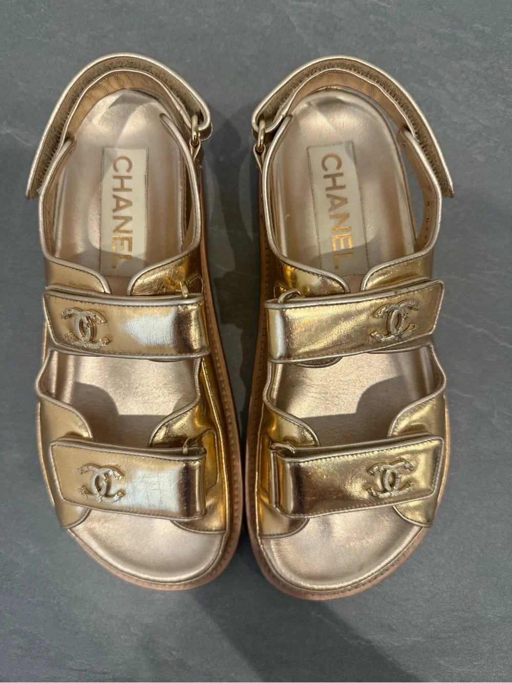 CHANEL Metallic Gold Velcro Logo Sandals